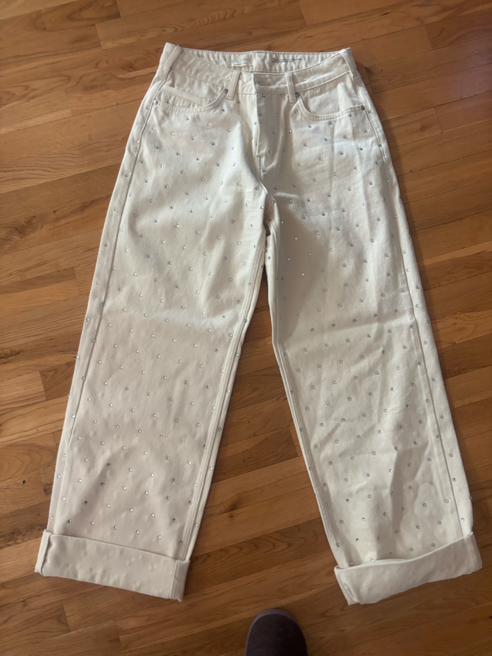 Pilcro White Wide-Leg Rhinestone-Studded Jeans